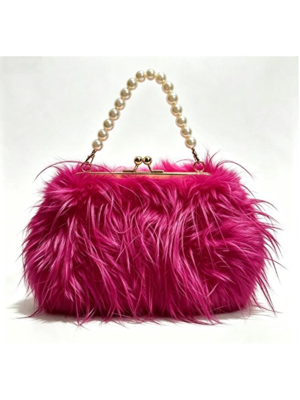 Fuchsia Furry Pearl Clutch Bag, Women's Evening Handbag Party Purse